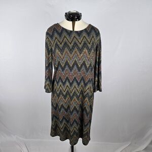Tacera Knit Dress Women's XL Multi-Color Long Sleeve Round Neck Chevron Pattern
